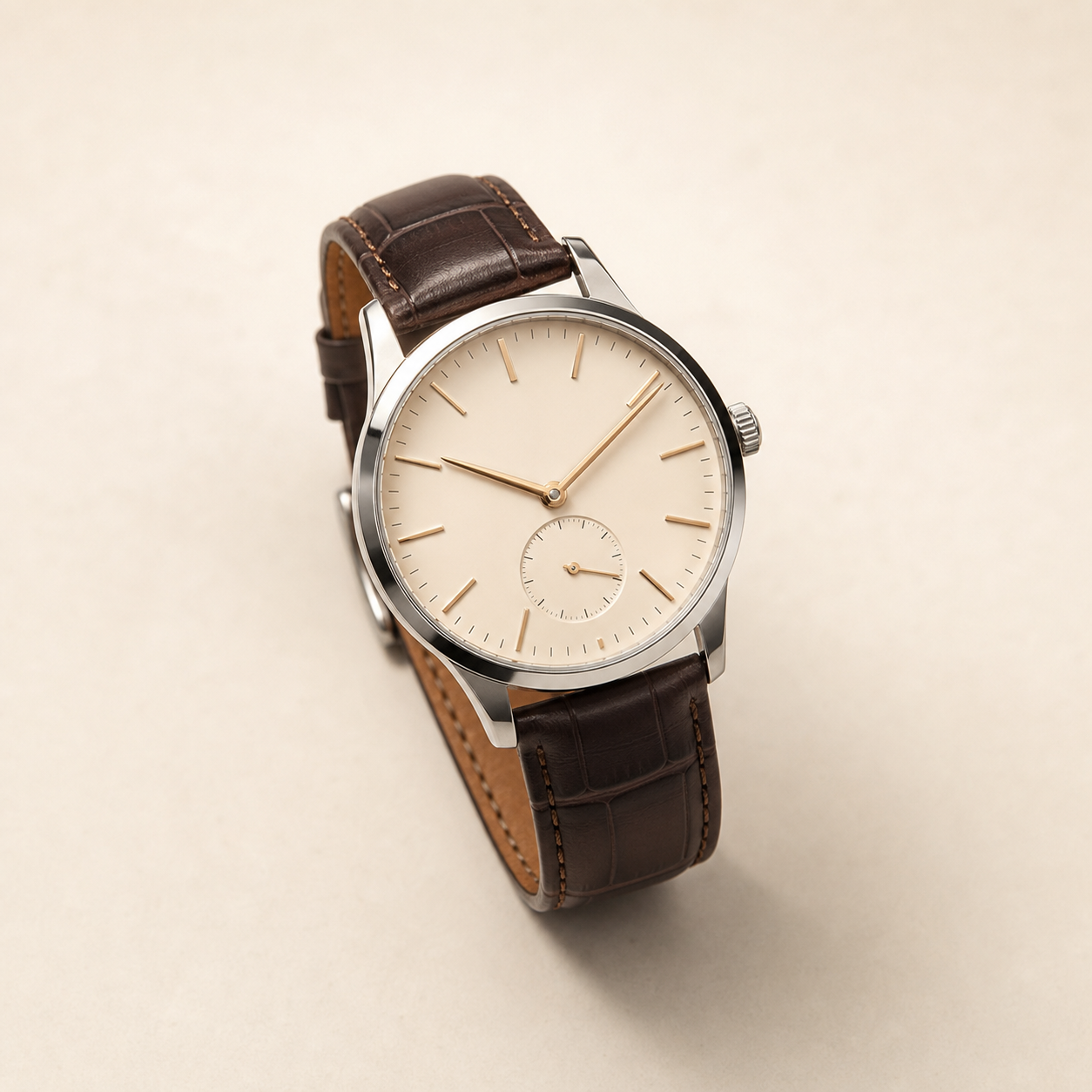 Dress wristwatch with ivory dial and brown leather strap