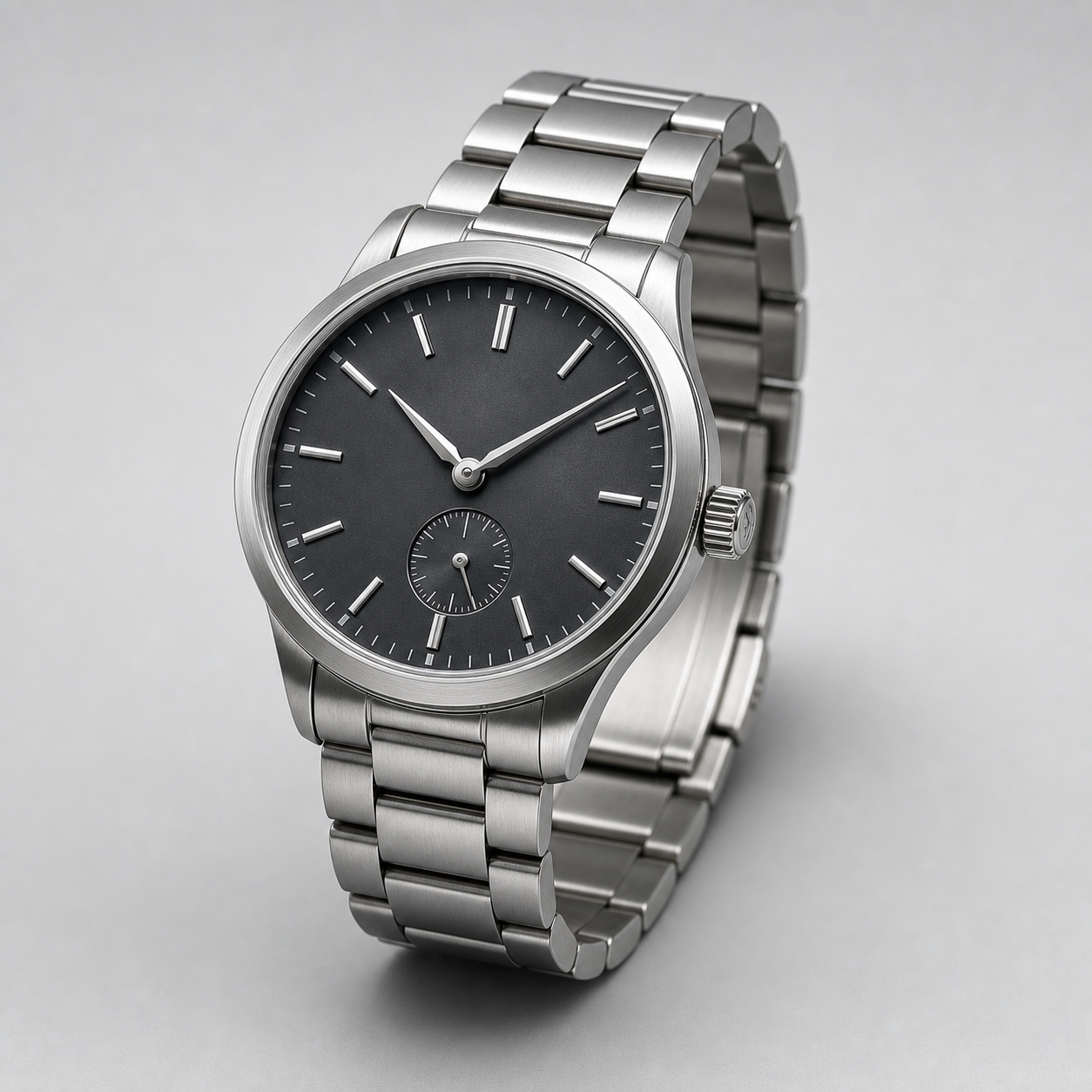 Steel bracelet wristwatch with graphite dial